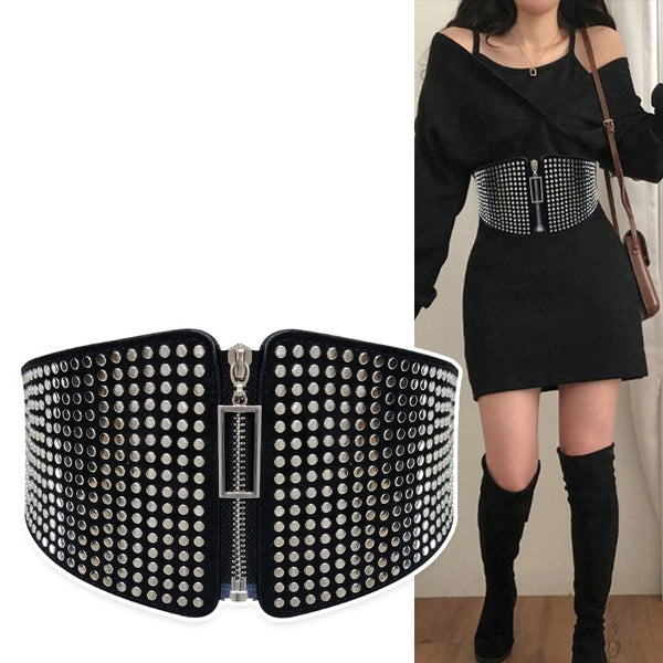 Punk Rivet Inlay Wide Elastic Corset Belt Female Waist Goth Plus