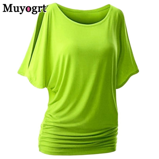 Muyogrt Women T-Shirt Summer Sexy  Shoulder Casual Loose Short Bat Sleeve Female Tee Shirt Wild Plus Size Women Clothing